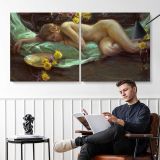 Reclining Woman with Flowers by Daniel Gerhartz — two-panel canvas arrangement in a room