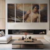 Reclining Woman with Flowing Fabric by Daniel Gerhartz — four-panel canvas arrangement in a living room