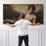 Reclining Woman with Flowing Fabric by Daniel Gerhartz — single-panel canvas shown behind a standing person for scale