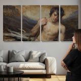 Reclining Woman with Flowing Fabric by Daniel Gerhartz — three-panel canvas above a sofa
