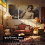 Reclining Woman with Flowing Fabric by Daniel Gerhartz — multi-panel canvas in a warmly lit lounge