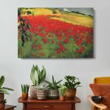Red Poppy Field - single-panel canvas displayed above a console table