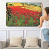 Red Poppy Field - single-panel canvas shown with a person for scale