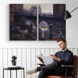 Riverfront beneath a Stone Bridge - two-panel canvas displayed in a reading room