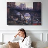 Riverfront beneath a Stone Bridge - single-panel canvas displayed above a sofa
