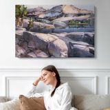 Rocky Coastal Village - single-panel canvas displayed above a sofa