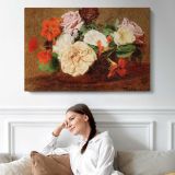 Roses and Nasturtiums in a Vase by Henri Fantin-latour - single-panel canvas displayed above a sofa