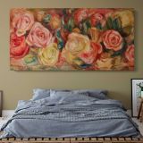 Roses by Pierre-Auguste Renoir — single-panel canvas above a bed with blue bedding