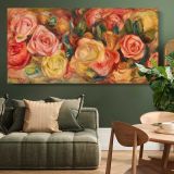 Roses by Pierre-Auguste Renoir — single-panel canvas above a green sofa