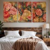 Roses by Pierre-Auguste Renoir — three-panel canvas above a bed