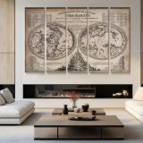 Rotating Hemispheres of the Earth by J. Emslie - multi-panel canvas displayed in a modern living room