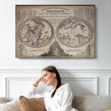 Rotating Hemispheres of the Earth by J. Emslie - single-panel canvas displayed above a sofa