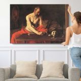 Saint Jerome Writing by Caravaggio - single-panel canvas shown with a person for scale