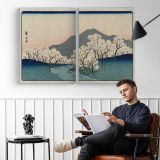 Sakura Namiki Zu , Vintage Japanese Illustration by Hiroshige Andō - two-panel canvas displayed in a reading room