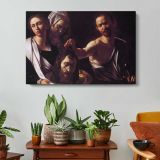 Salome with the Head of Saint John the Baptist by Caravaggio - single-panel canvas displayed above a console table