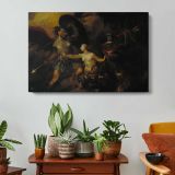 Satan, Sin and Death (A Scene from Milton’s «paradise Lost») by William Hogarth - single-panel canvas displayed above a console table
