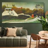 Sawmill on the Outskirts of Paris by Henri Rousseau — single-panel canvas above a green sofa