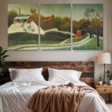 Sawmill on the Outskirts of Paris by Henri Rousseau — three-panel canvas above a bed