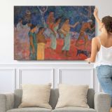 Scene from Tahitian Life by Paul Gauguin - single-panel canvas shown with a person for scale