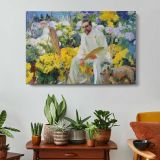 Seated Man in a Flower Garden - single-panel canvas displayed above a console table