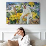 Seated Man in a Flower Garden - single-panel canvas displayed above a sofa