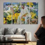 Seated Man in a Flower Garden - multi-panel canvas displayed above a sofa