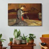 Seated Woman beside a Bed - single-panel canvas displayed above a console table