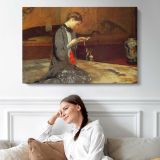Seated Woman beside a Bed - single-panel canvas displayed above a sofa
