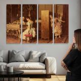 Signorina E Cavaliere by Adriano Cecchi - multi-panel canvas displayed above a sofa