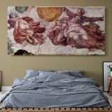 Sistine Chapel Fresco by Michelangelo — single-panel canvas above a bed with blue bedding