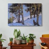 Snowy Trees in Winter - single-panel canvas displayed above a console table
