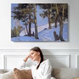 Snowy Trees in Winter - single-panel canvas displayed above a sofa