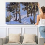 Snowy Trees in Winter - single-panel canvas shown with a person for scale