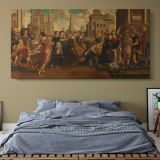 Solomon and the Queen of Sheba by Jan van Scorel and Jan Swart van Groningen — single-panel canvas above a bed with blue bedding