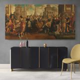 Solomon and the Queen of Sheba by Jan van Scorel and Jan Swart van Groningen — single-panel canvas above a sideboard