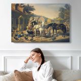 Stagecoach in a Mountain Village - single-panel canvas displayed above a sofa