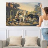 Stagecoach in a Mountain Village - single-panel canvas shown with a person for scale