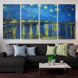 Starry Night Over the Rhone by Vincent van Gogh — three-panel canvas arrangement above a sofa