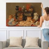 Still Life with an Ebony Chest by Antonio De Pereda - single-panel canvas shown with a person for scale