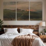 Stonehenge at Sunset — three-panel canvas above a bed