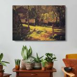 Sunlit Forest Path - single-panel canvas displayed above a console table