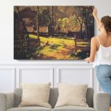 Sunlit Forest Path - single-panel canvas shown with a person for scale