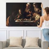 Supper at Emmaus by Caravaggio - single-panel canvas shown with a person for scale