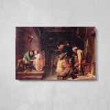 Tavern Gathering by Adriaen Brouwer - single-panel canvas displayed above a console table