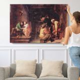 Tavern Interior by Adriaen Brouwer - single-panel canvas shown with a person for scale