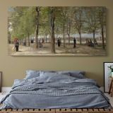 Terrace in the Luxembourg Gardens — single-panel canvas above a bed with blue bedding