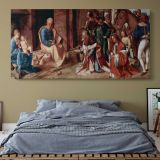 The Adoration of the Kings by Giorgione — single-panel canvas above a bed with blue bedding