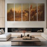 The Ambush by Adolf Schreyer — four-panel canvas arrangement in a living room