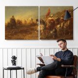 The Ambush by Adolf Schreyer — two-panel canvas arrangement in a room