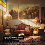 The Ambush by Adolf Schreyer — multi-panel canvas in a warmly lit lounge